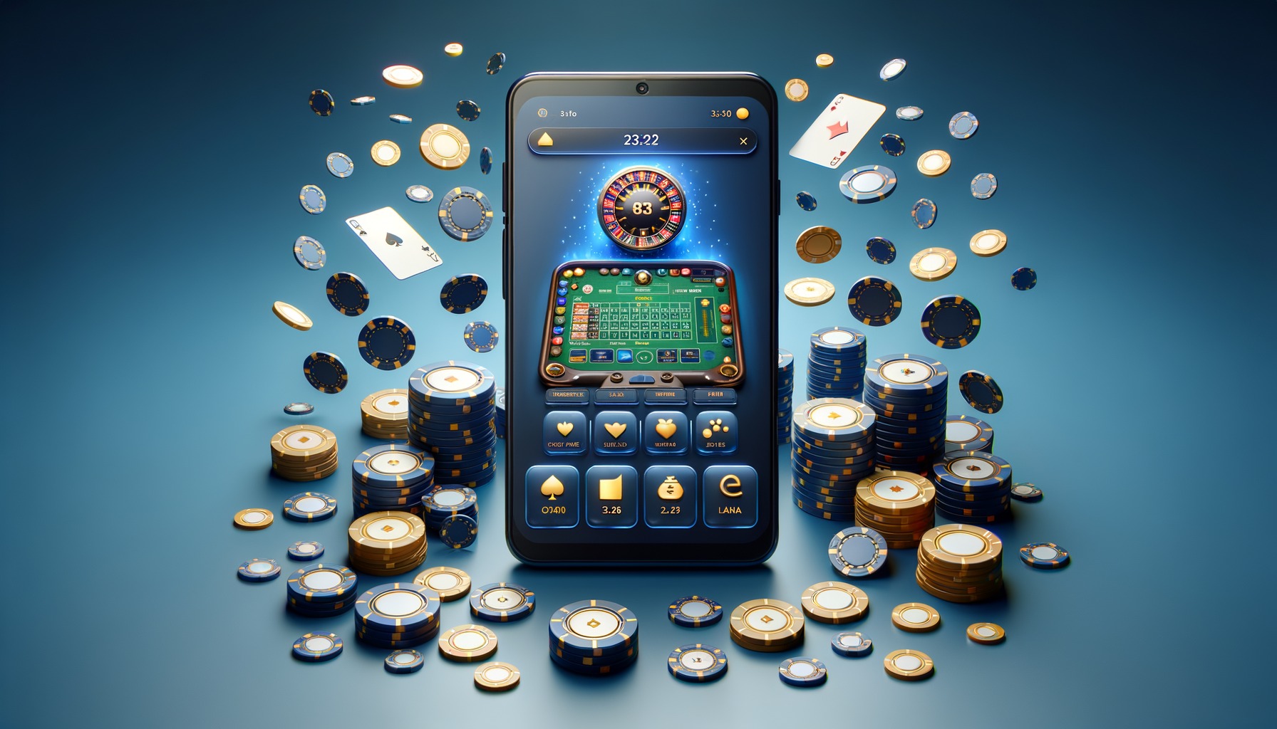 Mobilcasino utan svensk licens — smartphone med casinospel, spelmarker och kortspel i blå och guld design